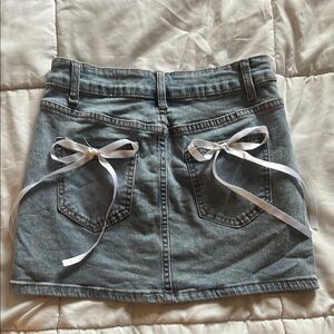 Denim Mini Skirt with White Ribbon Accents